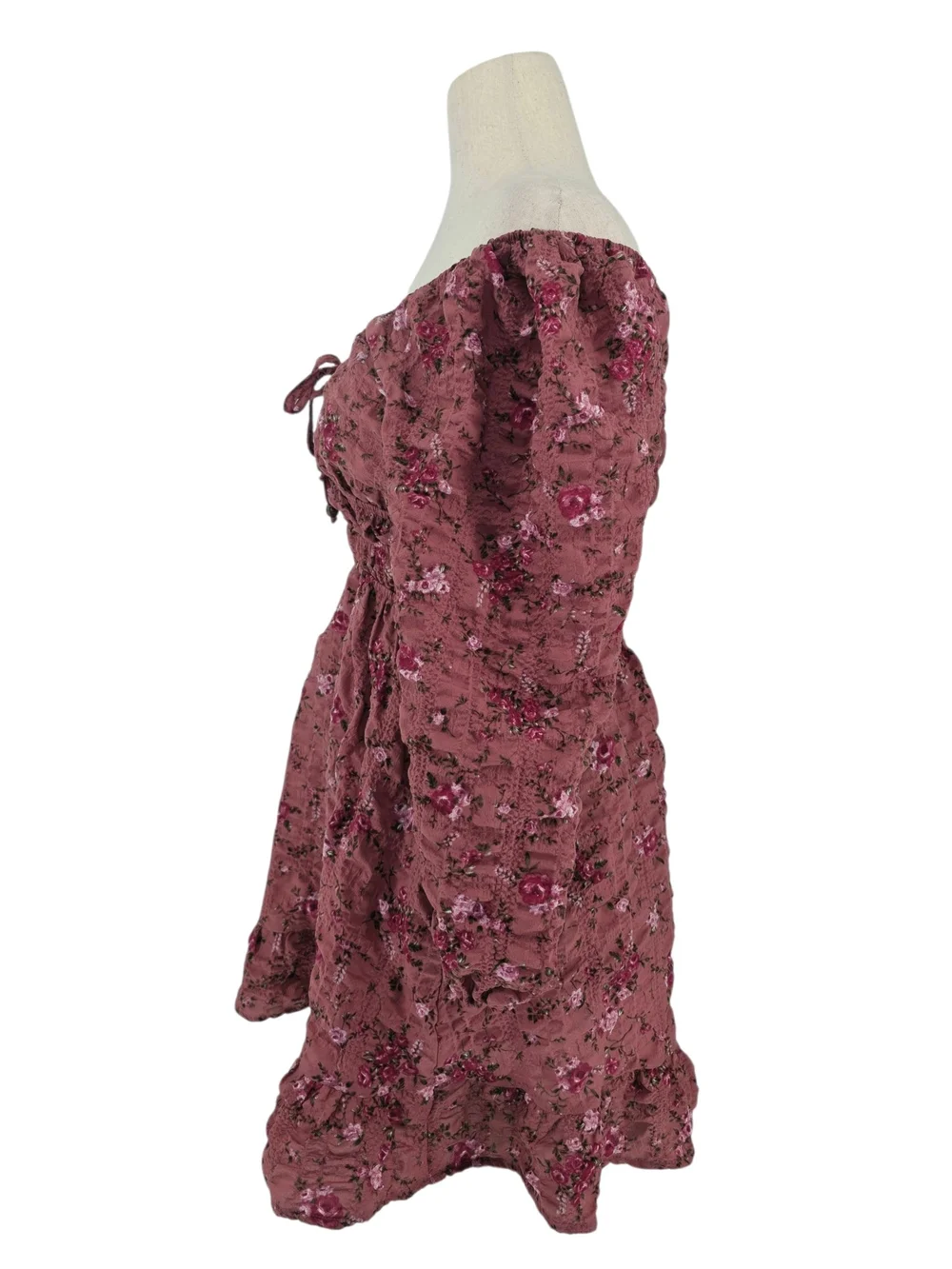 Mary & Mo Floral Off Shoulder Smocked Mini Dress Mauve Pink Boho Medium